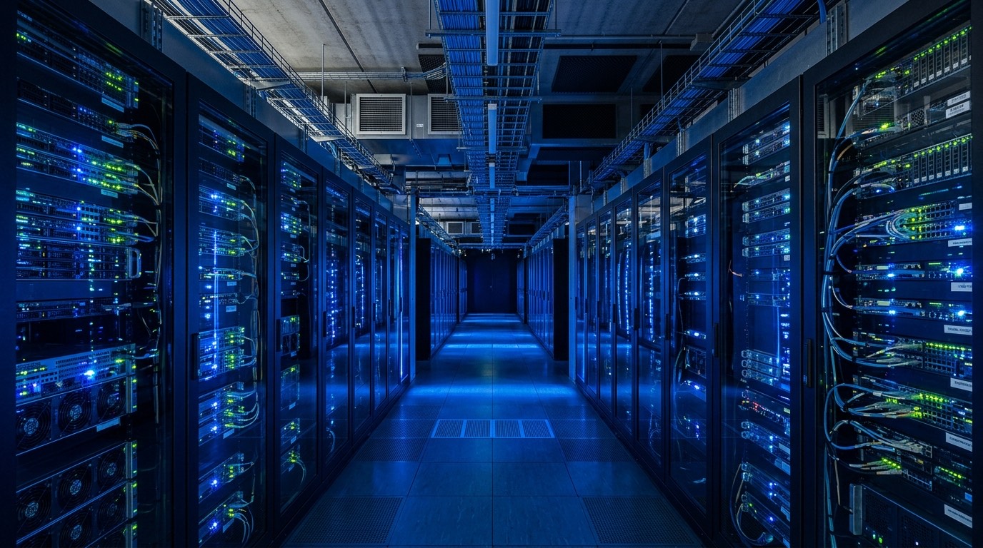 Data center corridor under blue light