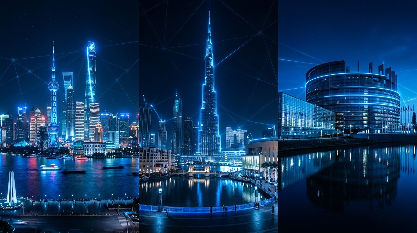 Global reach — Dubai, China and Europe at night